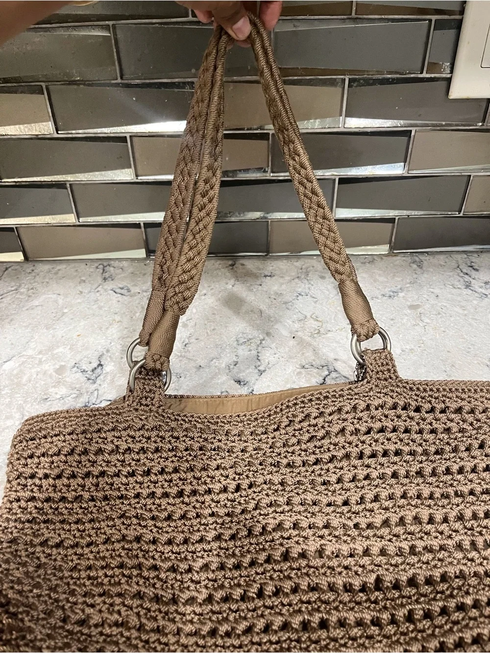 Lina Handcrafted Crochet Knit Shoulder Bag Tote - Taupe Brown Bronze